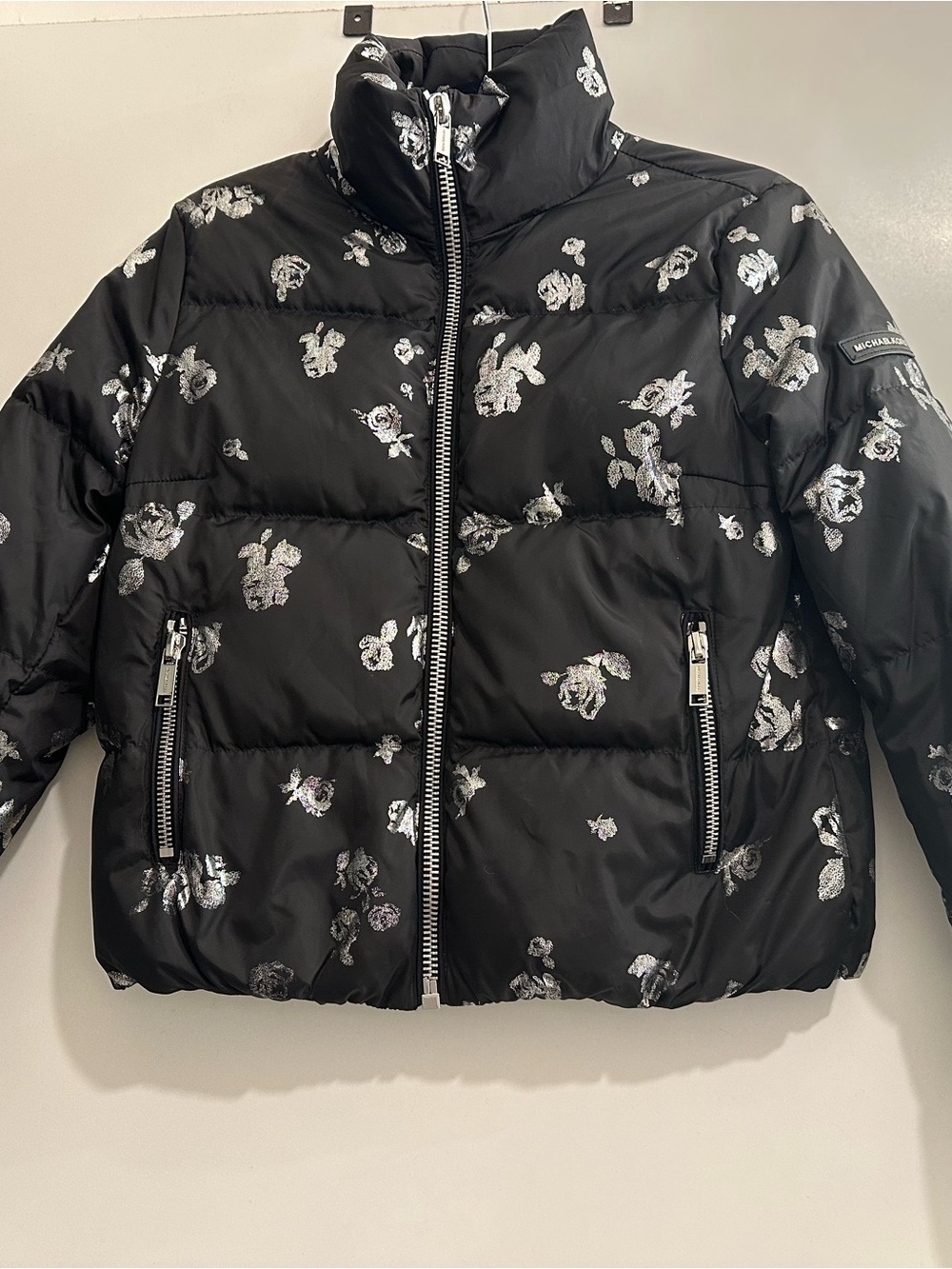 Michael Kors Black Puffer Jacket w/ Metallic Roses - SIZE S - LIKE NEW